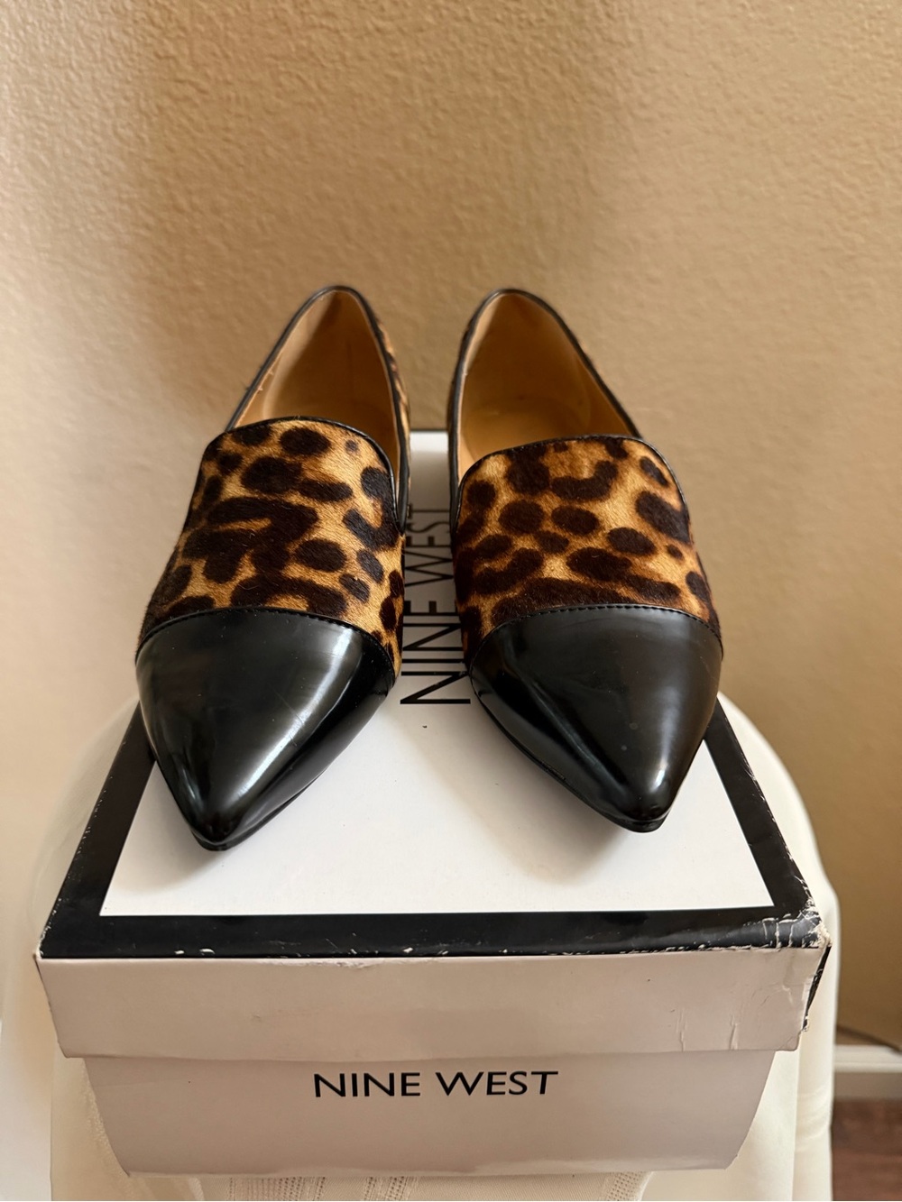 Nine West Leopard-Print Pointed Loafers with Black Patent Cap